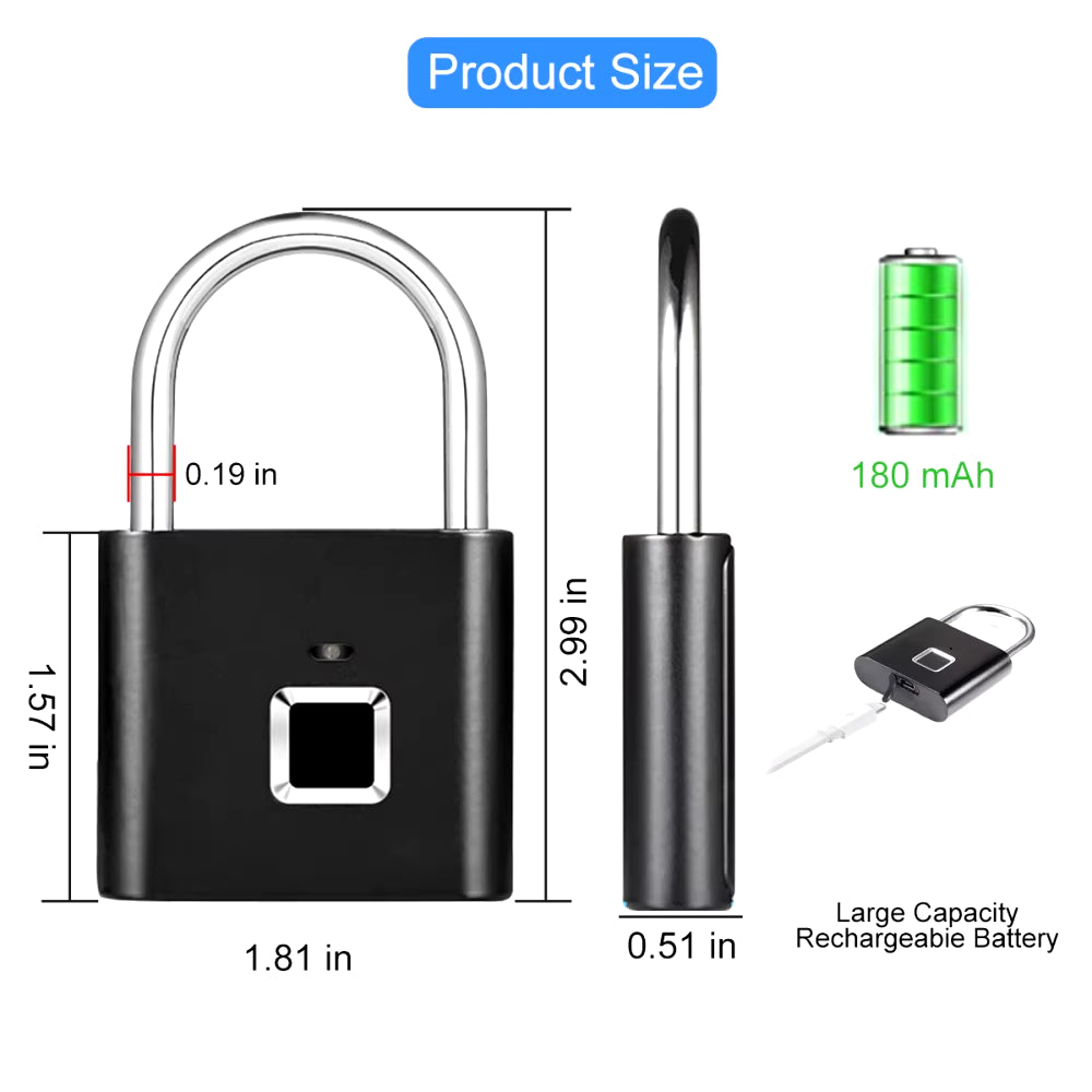 Keyless Smart USB Charging Fingerprint Lock Smart Padlock Waterproof Door Lock 0.3Sec Unlock Portable Anti-Theft Padlock Zinc