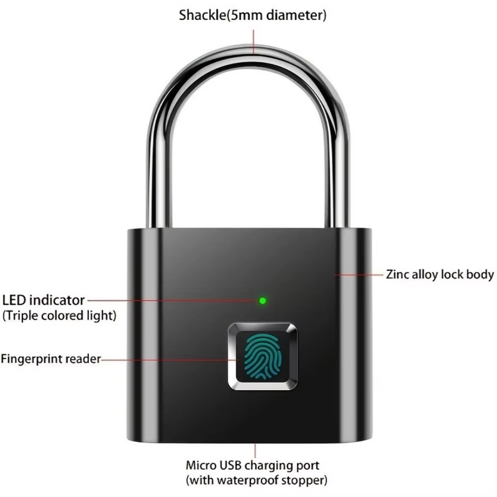 Keyless Smart USB Charging Fingerprint Lock Smart Padlock Waterproof Door Lock 0.3Sec Unlock Portable Anti-Theft Padlock Zinc