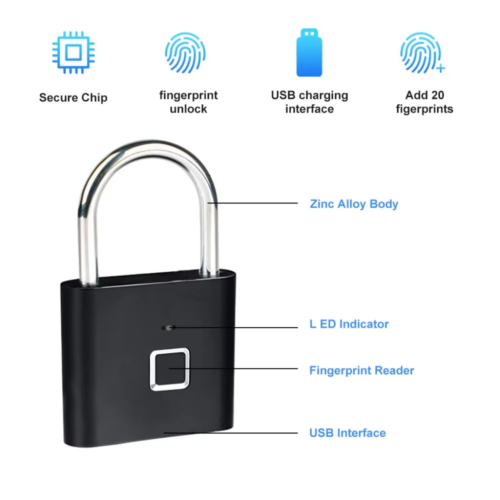 Keyless Smart USB Charging Fingerprint Lock Smart Padlock Waterproof Door Lock 0.3Sec Unlock Portable Anti-Theft Padlock Zinc