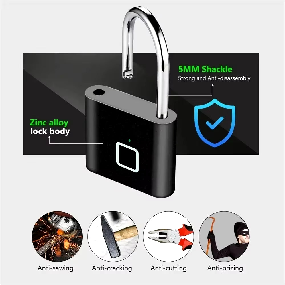 Keyless Smart USB Charging Fingerprint Lock Smart Padlock Waterproof Door Lock 0.3Sec Unlock Portable Anti-Theft Padlock Zinc